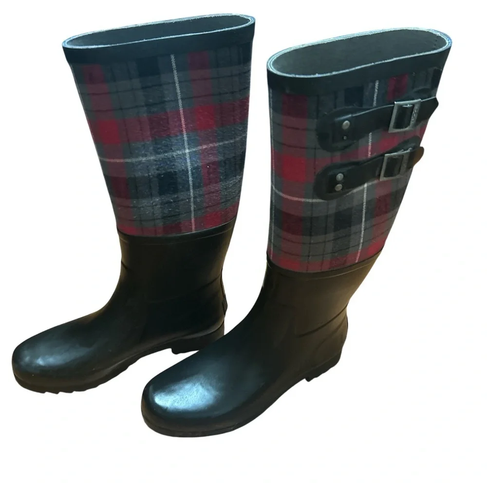 UGG Australia Plaid Rain Boots Womens Size 8 Waterproof Tall Wellies Black